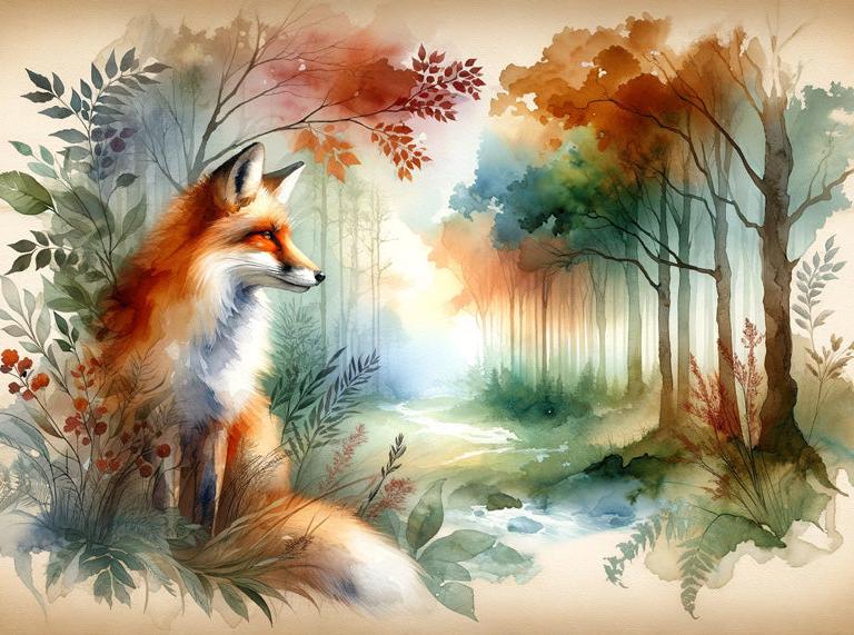 Papier peint renard aquarelle forêt fleurie
