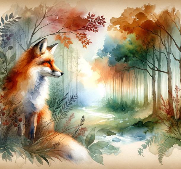 Papier peint renard aquarelle forêt fleurie