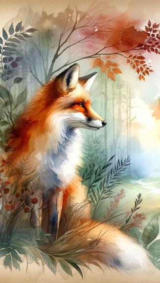 Papier peint renard aquarelle forêt fleurie
