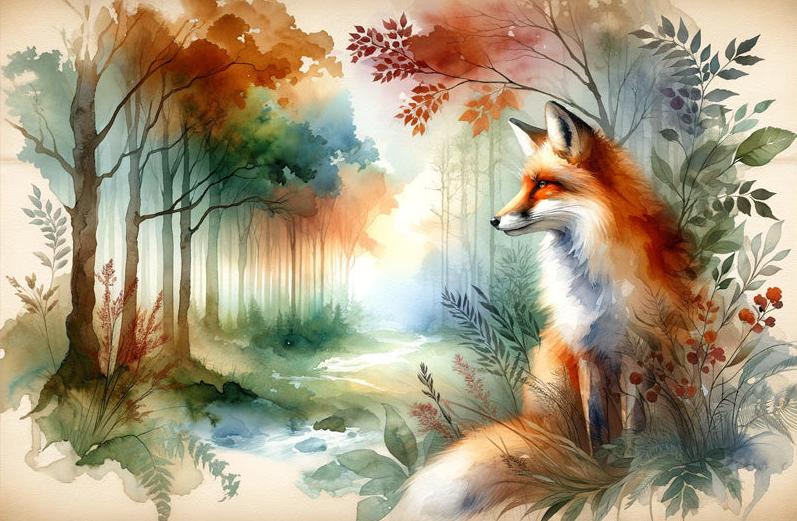 Papier peint renard aquarelle forêt fleurie