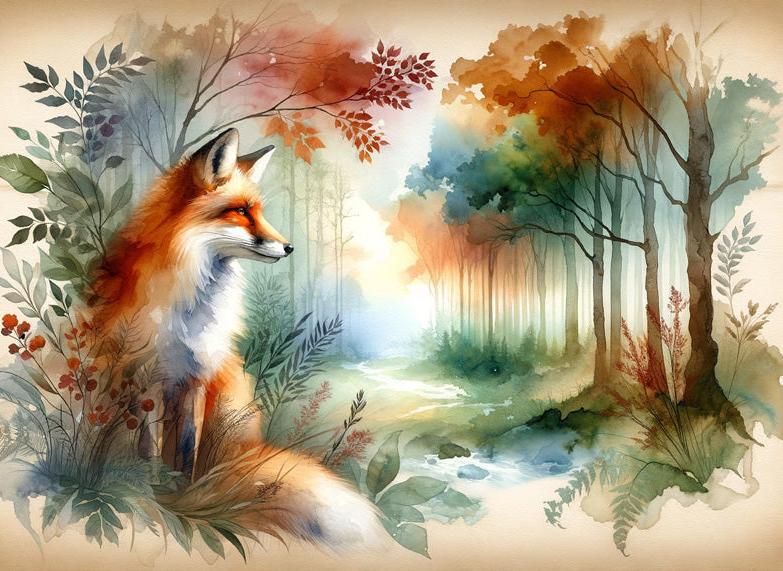 Papier peint renard aquarelle forêt fleurie