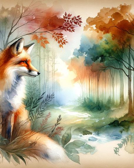Papier peint renard aquarelle forêt fleurie