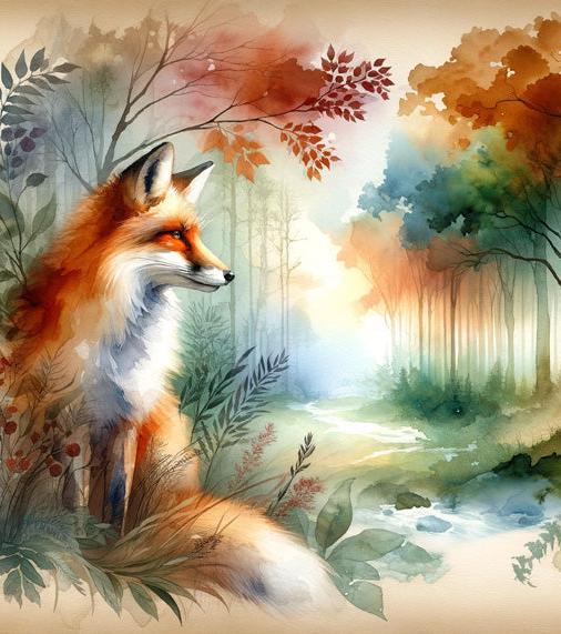 Papier peint renard aquarelle forêt fleurie