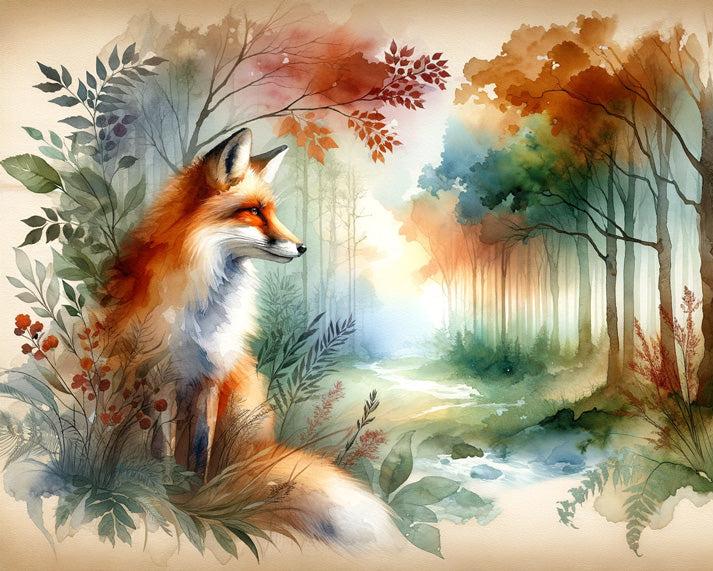 Papier peint renard aquarelle forêt fleurie