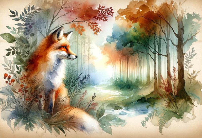 Papier peint renard aquarelle forêt fleurie