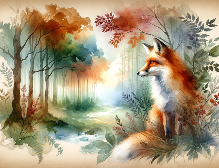 Papier peint renard aquarelle forêt fleurie