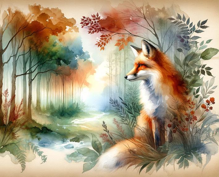 Papier peint renard aquarelle forêt fleurie