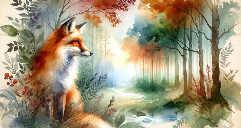 Papier peint renard aquarelle forêt fleurie