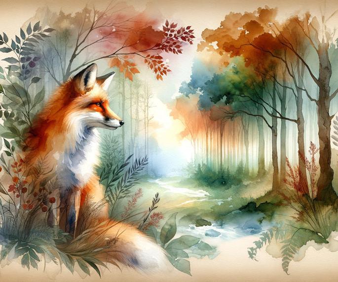 Papier peint renard aquarelle forêt fleurie