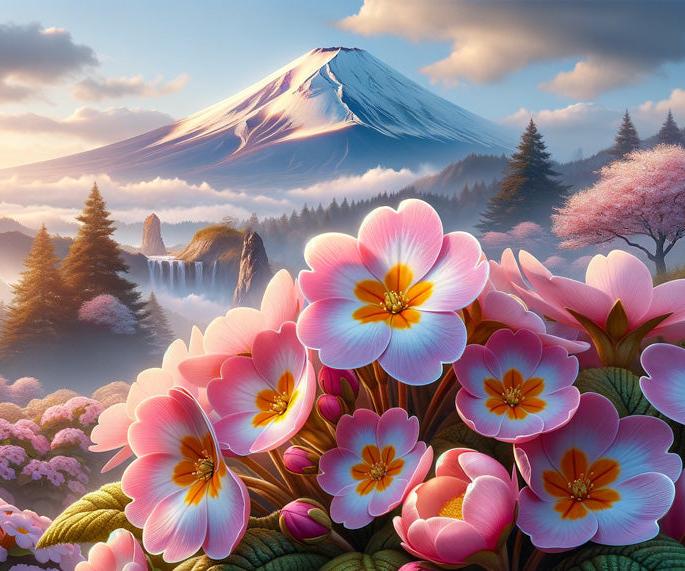 Papier peint japonais fleurs cascades et mont Fuji