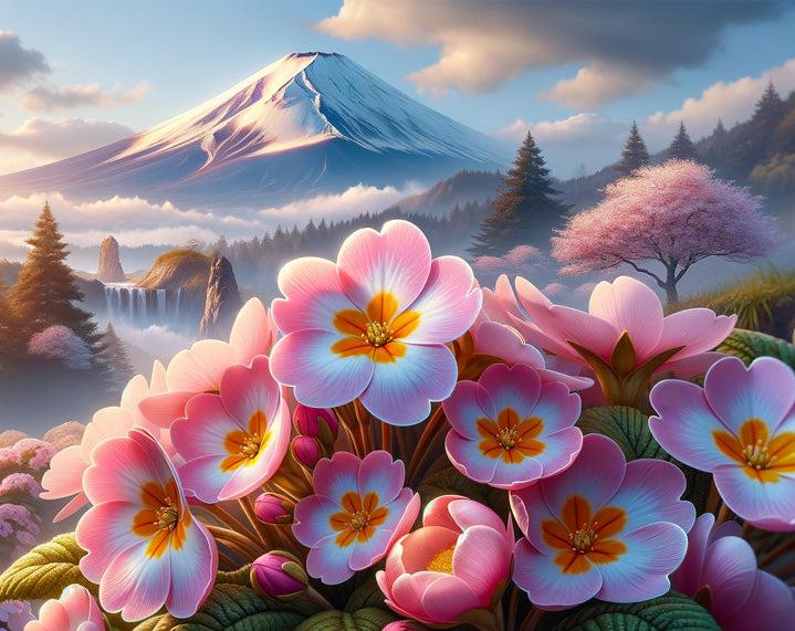 Papier peint japonais fleurs cascades et mont Fuji