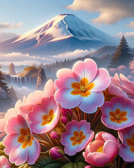 Papier peint japonais fleurs cascades et mont Fuji