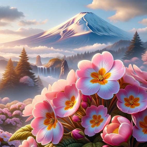 Papier peint japonais fleurs cascades et mont Fuji