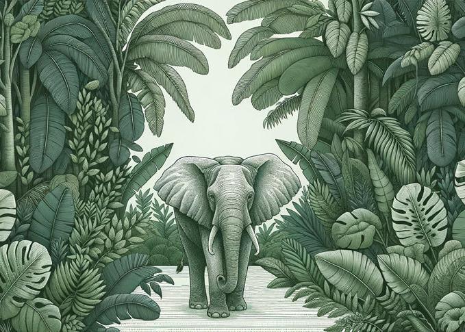 Papier peint jungle verte et éléphant