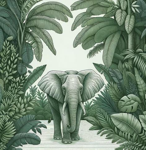 Papier peint jungle verte et éléphant