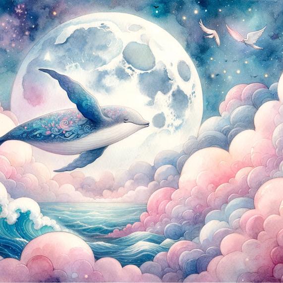 Papier peint baleine nuage rose et pleine lune