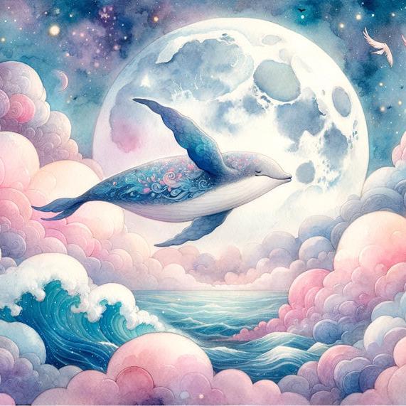 Papier peint baleine nuage rose et pleine lune
