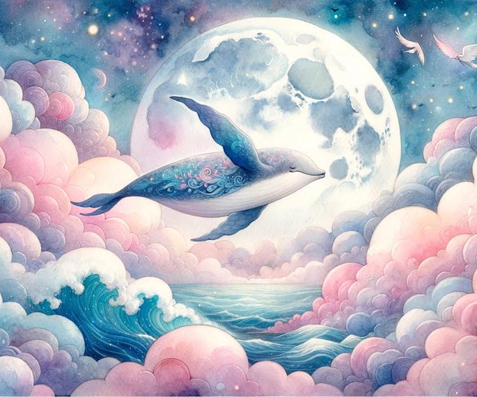 Papier peint baleine nuage rose et pleine lune