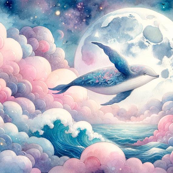 Papier peint baleine nuage rose et pleine lune