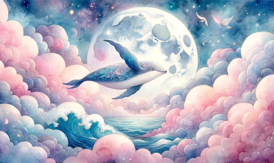 Papier peint baleine nuage rose et pleine lune