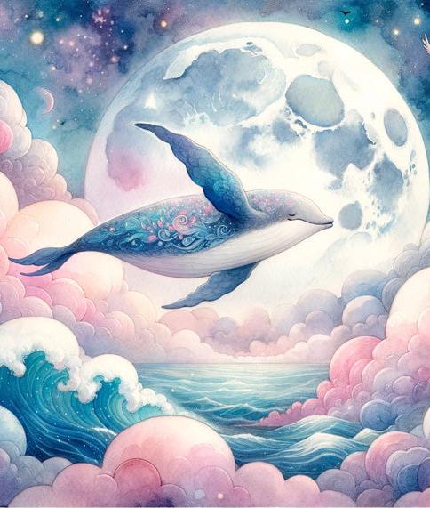 Papier peint baleine nuage rose et pleine lune