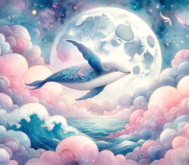 Papier peint baleine nuage rose et pleine lune
