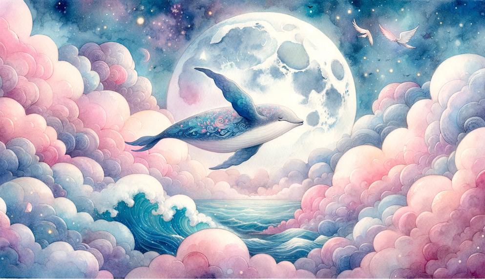 Papier peint baleine nuage rose et pleine lune