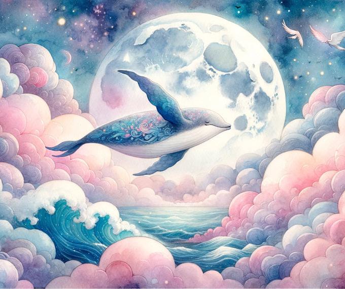 Papier peint baleine nuage rose et pleine lune