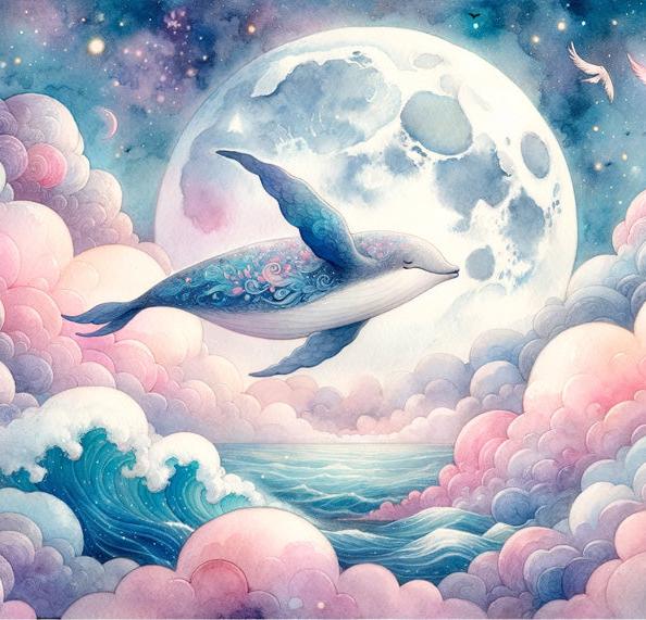 Papier peint baleine nuage rose et pleine lune