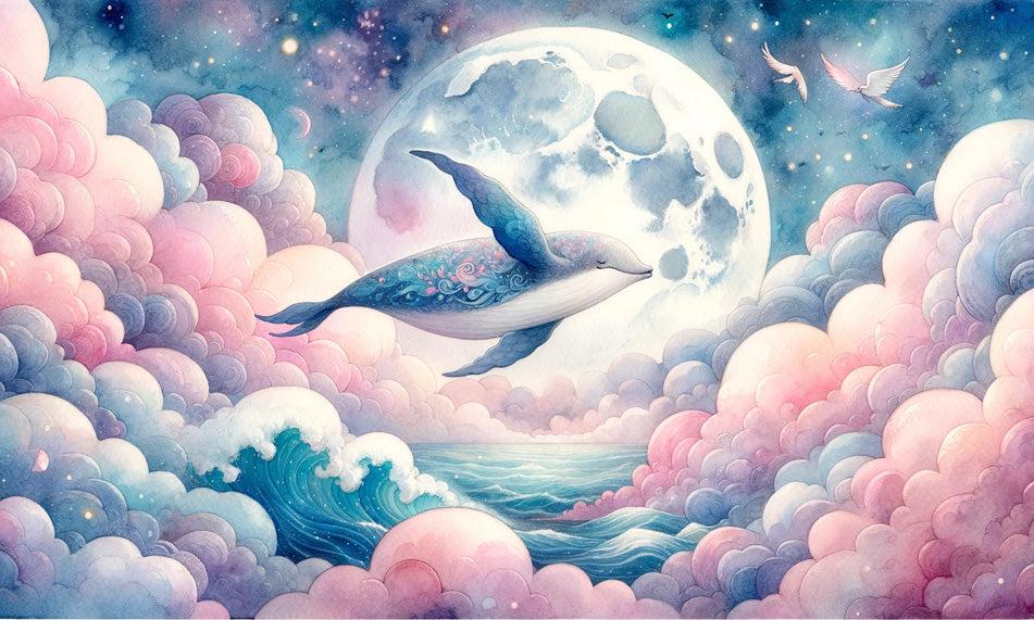 Papier peint baleine nuage rose et pleine lune