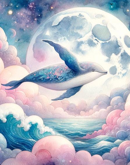 Papier peint baleine nuage rose et pleine lune