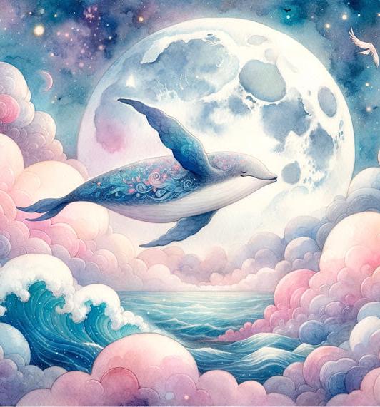 Papier peint baleine nuage rose et pleine lune