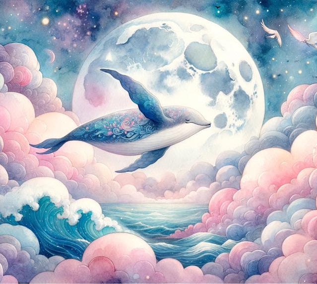 Papier peint baleine nuage rose et pleine lune