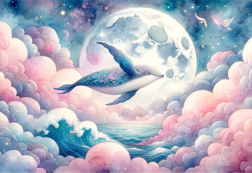 Papier peint baleine nuage rose et pleine lune