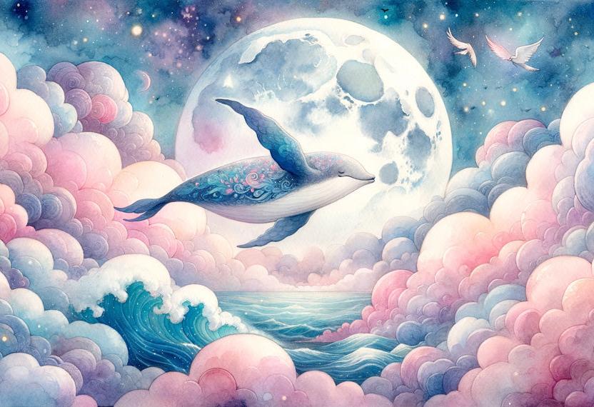 Papier peint baleine nuage rose et pleine lune