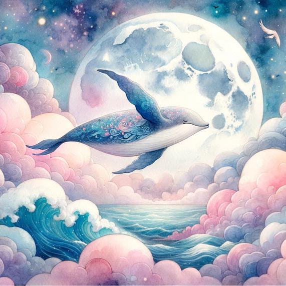 Papier peint baleine nuage rose et pleine lune