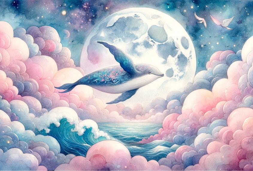 Papier peint baleine nuage rose et pleine lune