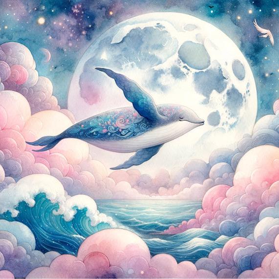 Papier peint baleine nuage rose et pleine lune
