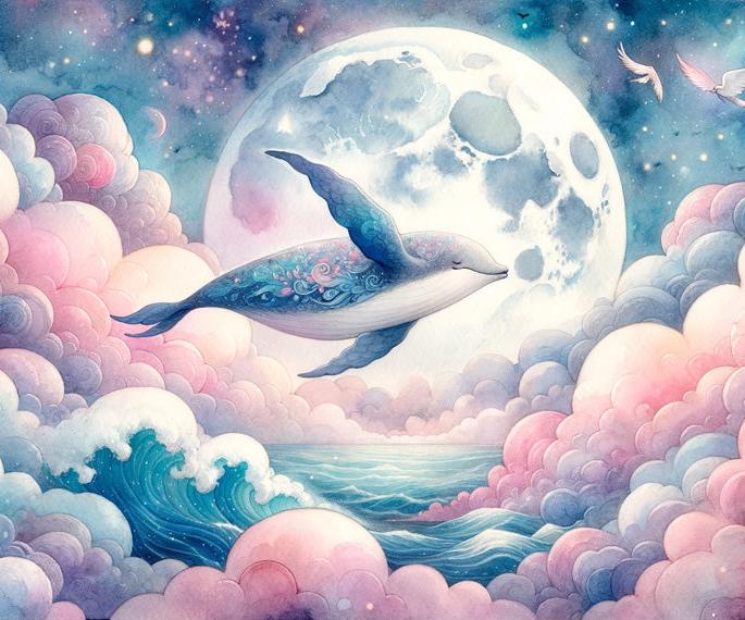 Papier peint baleine nuage rose et pleine lune