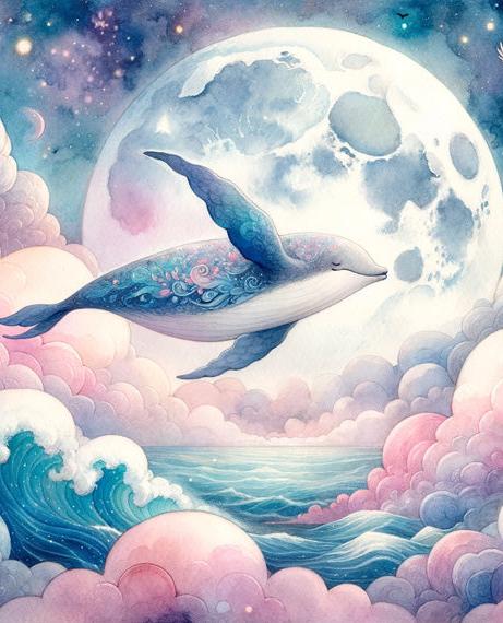 Papier peint baleine nuage rose et pleine lune