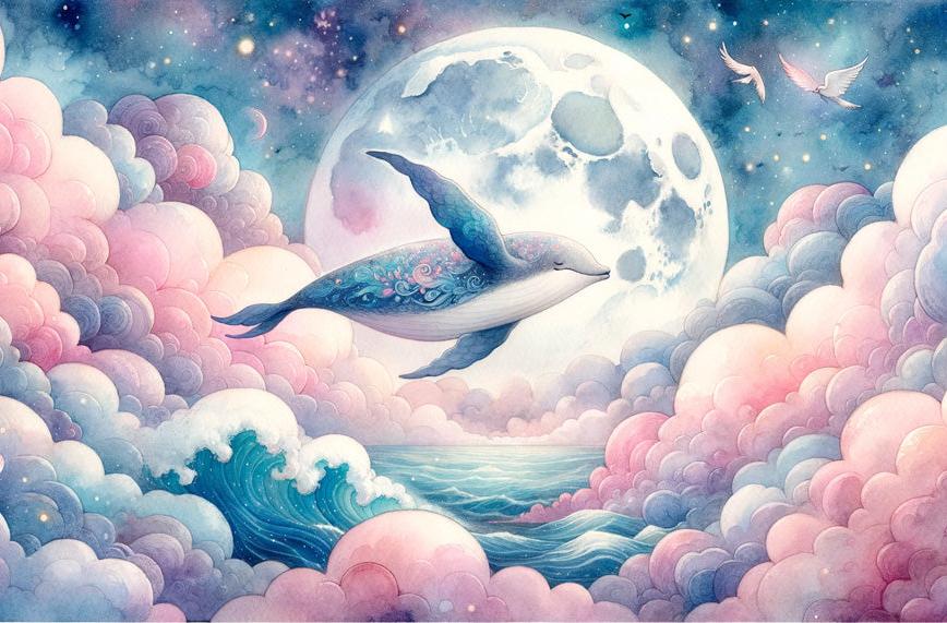 Papier peint baleine nuage rose et pleine lune