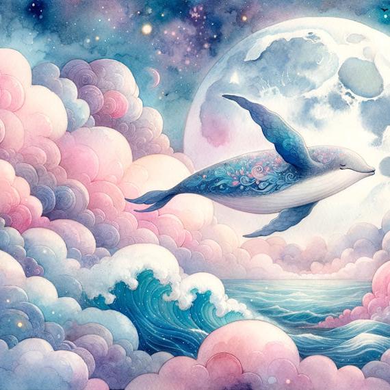 Papier peint baleine nuage rose et pleine lune