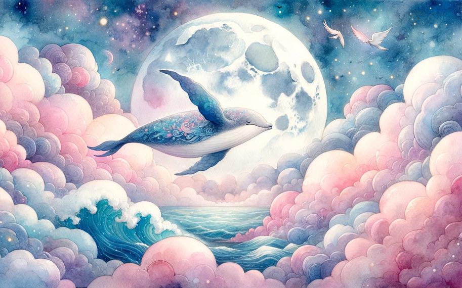 Papier peint baleine nuage rose et pleine lune