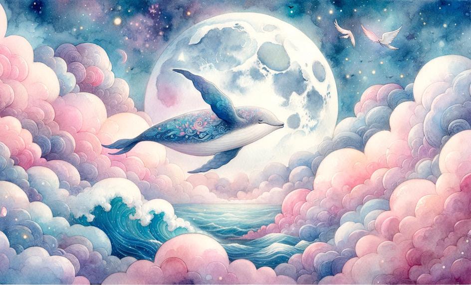 Papier peint baleine nuage rose et pleine lune