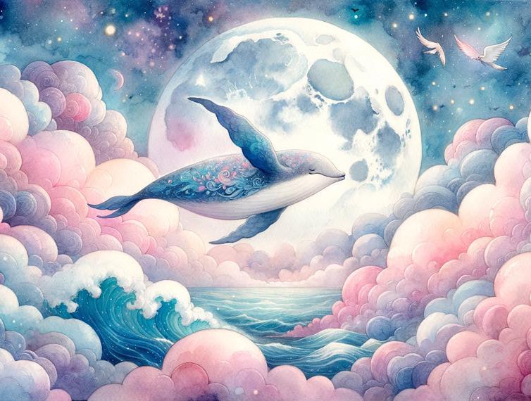 Papier peint baleine nuage rose et pleine lune