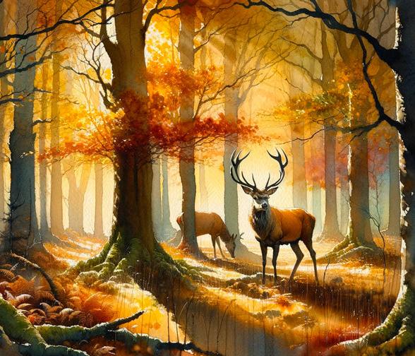 Papier peint cerf aquarelle forêt jaune