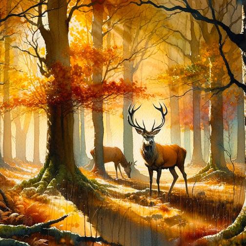 Papier peint cerf aquarelle forêt jaune