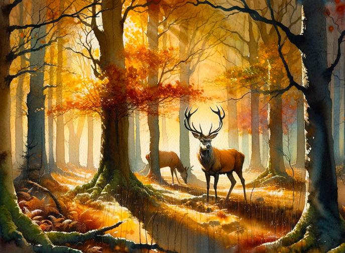 Papier peint cerf aquarelle forêt jaune