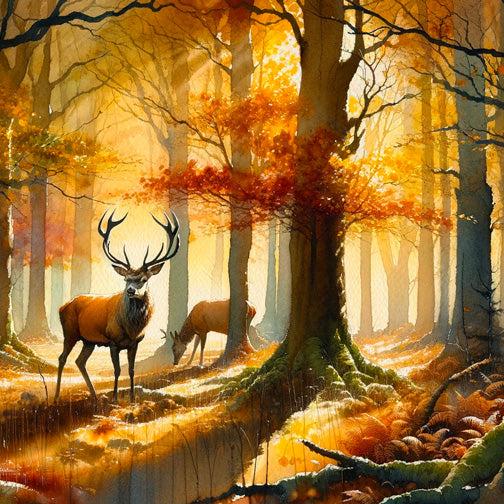 Papier peint cerf aquarelle forêt jaune