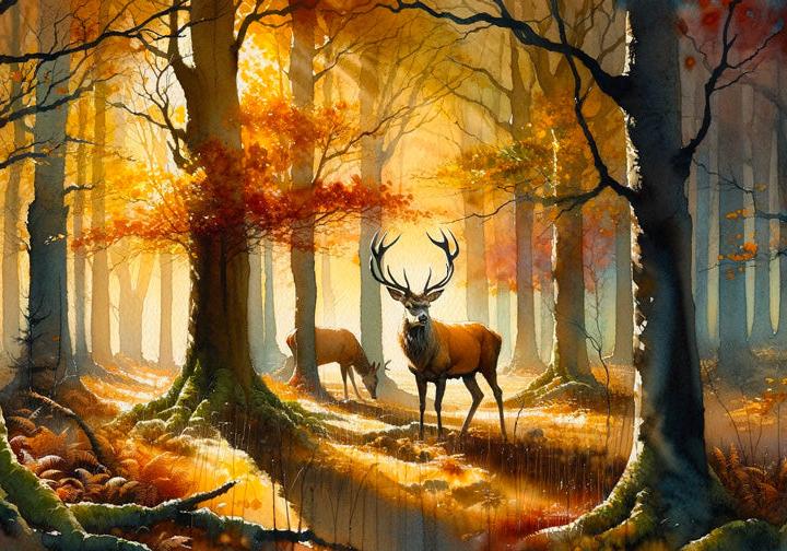 Papier peint cerf aquarelle forêt jaune